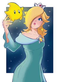 Rule 34 | 1girl, bare shoulders, blonde hair, blue dress, blue eyes, border, brooch, closed mouth, commentary, crown, dress, earrings, english commentary, eyelashes, highres, jewelry, long sleeves, looking up, luma (mario), mario (series), morritadraws, nintendo, off-shoulder dress, off shoulder, outside border, rosalina, star (sky), star (symbol), star brooch, star earrings, starry sky background, white border