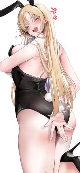 1girl absurdres anger_vein animal_ear_hairband animal_ears black_leotard blonde_hair blush closed_eyes covering_ass covering_breasts covering_privates detached_collar fake_animal_ears from_behind hairband high_heels highleg highleg_leotard highres leotard long_hair nekozane_ryo nijisanji open_mouth playboy_bunny rabbit_ear_hairband rabbit_ears rabbit_tail sister_claire solo spoken_anger_vein strapless strapless_leotard tail virtual_youtuber white_wrist_cuffs wrist_cuffs