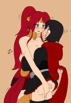 2girls ass breasts dress female_focus flat_color multiple_girls pussy_juice pyrrha_nikos ruby_rose rwby simple_background yuri