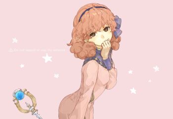 1girl 91007 artist_name blue_hairband blue_ribbon brown_eyes covering_own_mouth dress earrings fire_emblem fire_emblem_echoes:_shadows_of_valentia genny_(fire_emblem) hairband hand_up jewelry long_sleeves looking_at_viewer nintendo pink_background pink_dress pink_hair ribbon short_hair solo staff star_(symbol) twitter_username