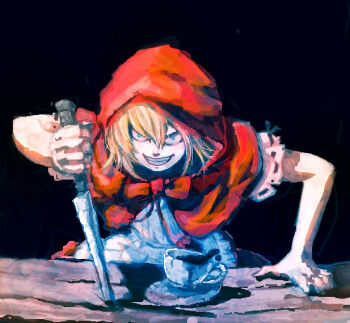 1girl b.b._hood black_background blonde_hair capcom crazy crazy_eyes cup darkstalkers female_focus grin hood knife omaesan_(camp-192) smile solo teacup teapot tegaki