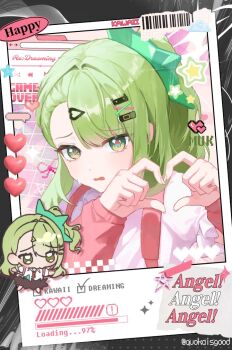 Rule 34 | 1girl, arm warmers, backpack, bag, bandaid, bandaid hair ornament, chibi, commentary request, four-finger heart hands, green eyes, green hair, hair ornament, hairpin, heart, heart hands, kimmuk, looking at viewer, multiple hairclips, open mouth, pink arm warmers, shirt, solo, sunna (zenless zone zero), upper body, white shirt, zenless zone zero