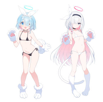 2girls ;d absurdres animal_collar animal_hands arona_(blue_archive) belt_collar bikini black_bikini black_choker black_eyes black_hairband blue_archive blue_eyes blue_hair blue_halo bow bow_hairband braid cat_paws cat_tail choker closed_mouth collar collarbone colored_inner_hair colored_skin commentary_request dog_paws dog_tail dot_mouth dot_nose fake_tail flat_chest gloves gluteal_fold hair_between_eyes hair_bow hair_over_one_eye hair_ribbon hairband halo hand_up hands_up highres loli long_hair multicolored_hair multiple_girls navel one_eye_closed one_eye_covered open_mouth paw_gloves paw_shoes pink_hair plana_(blue_archive) red_halo red_pupils ribbon short_hair side-tie_bikini_bottom side_braid simple_background single_braid smile sonoda_345 standing string_bikini swimsuit tail thighs two-tone_hair very_long_hair white_background white_bikini white_bow white_collar white_hair white_hairband white_ribbon wink