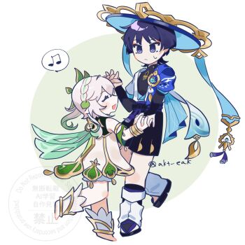 1boy 1girl akt_eak anklet aqua_gem arm_at_side armlet armor black_bodysuit black_bow black_sandals black_shorts bloomers blue_cape blue_hat blue_jingasa blue_kimono blue_sleeves blunt_ends blush bodysuit bow bracelet braid bridal_gauntlets cape choppy_bangs closed_eyes closed_mouth commentary_request dancing detached_sleeves dress eyelashes eyeliner facing_another feathers full_body furisode gem genshin_impact gold gold_ring gold_trim green_cape green_hair green_sleeves grey_bridal_gauntlets hair_ornament hakama hakama_shorts half_crown_braid hands_up happy hat height_difference highres holding_hands interlocked_fingers japanese_armor japanese_clothes jewelry jingasa juban kimono kote kurokote layered_sleeves leaf leaf_hair_ornament leg_warmers makeup mandarin_collar medium_hair middle_ring multicolored_hair musical_note nahida_(genshin_impact) open_clothes open_kimono open_mouth pleated_shorts pom_pom_(clothes) purple_eyes purple_hair purple_pupils purple_sash red_eyeliner sandals sash scaramouche_(genshin_impact) short_sleeves shorts shoulder_peek side_cape side_ponytail sidelocks sideways_mouth simple_background socks spoken_musical_note stirrup_footwear streaked_hair sweatdrop toeless_legwear twitter_username underwear vision_(genshin_impact) wanderer_(genshin_impact) watermark white_bloomers white_dress white_hair white_kimono white_leg_warmers white_sleeves white_socks white_trim yellow_feathers zouri