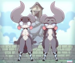 2girls animal_ears animated breasts cleft_of_venus colored_skin cow_ears cows dancing diives gachimuchi grey_skin highres horns large_breasts medium_breasts meme multiple_girls music nipples one_horn original pussy sound third-party_edit uncensored video