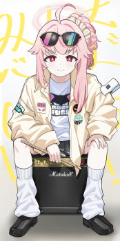 1girl absurdres ahoge balck_skirt black_shoes blue_archive bright_pupils brown_ribbon commentary_request drumsticks eyewear_on_head garados_(limmjiiiminnn99) hair_ribbon highres holding holding_drumsticks jacket loose_socks medium_hair natsu_(band)_(blue_archive) natsu_(blue_archive) open_clothes open_jacket pink_hair pleated_skirt red_eyes ribbon shirt shoes sidelocks sitting skirt smile socks solo tinted_eyewear v-shaped_eyebrows white_shirt white_socks
