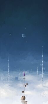 above_clouds artist_name blue_sky casver_w cloud creature highres moon no_humans on_top_of_pole outdoors radio_antenna rain_world signature sky sky_focus slugcat spearmaster_(rain_world) star_(sky) very_wide_shot white_eyes