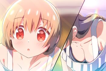 1girl :o blonde_hair bra breasts cleavage downblouse highres large_breasts long_hair minagi_koharu nipple_slip nipples oekakiism red_eyes slow_loop solo underwear