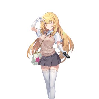 1girl ;q bag blonde_hair breasts brown_sweater_vest chain chain_between_breasts collared_shirt controller elbow_gloves gloves grey_skirt handbag holding holding_remote_control large_breasts long_hair looking_at_viewer miniskirt official_art one_eye_closed pleated_skirt ragnador remote_control school_emblem school_uniform shirt shokuhou_misaki short_sleeves skirt smile solo spider_web_print star-shaped_pupils star_(symbol) star_print summer_uniform sweater_vest symbol-shaped_pupils thighhighs toaru_kagaku_no_railgun toaru_majutsu_no_index tokiwadai_school_uniform tongue tongue_out v-neck very_long_hair w white_background white_gloves white_shirt white_thighhighs yellow_eyes zettai_ryouiki