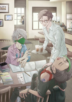 1111_(dka_vv) 2boys 2girls agatha_flattz aged_up black_gloves black_hair black_shirt book book_stack brown_hair cafe choker closed_eyes coffee_grinder coffee_maker cup dark-skinned_female dark_skin dress eyepatch glasses gloves grey_eyes grey_hair hair_over_one_eye highres higyaku_no_noel holding holding_pen homework lauro_maestri long_hair multiple_boys multiple_girls noel_cerquetti pen pencil red_eyes shirt short_hair sitting slice_of_life spiked_choker spikes spoilers studying table textbook zoe_taska