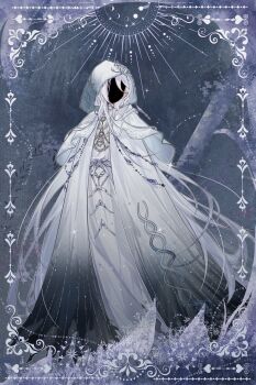 1boy baiguigelierwan belt black_cloak black_skin border cael_anselm cael_anselm_(dreamland_wonder) chinese_commentary cloak colored_skin faceless faceless_male facing_to_the_side full_body gem gradient_cloak grey_background hair_between_eyes highres hood hood_up hooded_cloak infinity_symbol light_particles long_bangs long_hair long_hair_between_eyes lovebrush_chronicles male_focus moon_phases ornate_border purple_background purple_gemstone robe silver_belt solo standing tree very_long_hair white_cloak white_hair white_robe