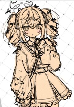 Rule 34 | 1girl, blue archive, blush, bow, drill hair, frilled skirt, frills, hair bow, hair ornament, long hair, long sleeves, looking at viewer, monochrome, open mouth, rena (blue archive), ribbon, sateto (user knrf2332), sketch, skirt, sleeves past wrists, solo, twin drills, twintails, x hair ornament