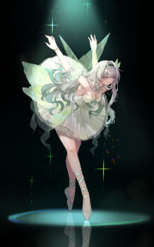 1girl absurdres aqua_hair arms_behind_back arms_up ballerina ballet ballet_slippers bare_shoulders black_background black_hairband breasts cleavage dancer dress fake_wings firefly_(honkai:_star_rail) frilled_hairband frills full_body gradient_hair grey_hair hair_between_eyes hair_ornament hairband highres honkai:_star_rail honkai_(series) insect_wings jewelry long_hair multicolored_eyes multicolored_hair parted_lips reflection simple_background solo white_dress wings yolanda