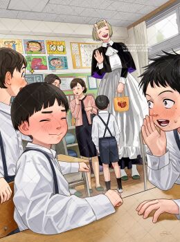 2girls 5boys blush closed_eyes highres horns multiple_boys multiple_girls oni sharp_teeth shio_maneki0 size_difference smile tagme teeth