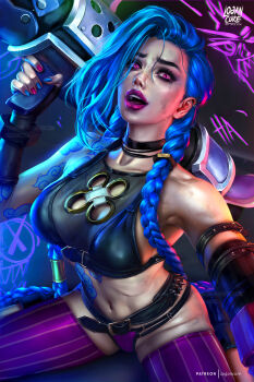1girl :d absurdres alternate_breast_size_(larger) arcane:_league_of_legends arcane_jinx arm_belt asymmetrical_bangs bare_shoulders belt bikini black_belt black_bikini black_choker blue_hair braid breasts choker cloud_tattoo collarbone crop_top deviantart_username gloves groin highres holding holding_weapon jinx_(league_of_legends) large_breasts league_of_legends logan_cure long_braid long_hair mismatched_bikini navel open_mouth pink_eyes purple_bikini purple_lips purple_thighhighs shiny_skin smile solo stomach striped_clothes striped_thighhighs swimsuit tattoo teeth thighhighs twin_braids weapon