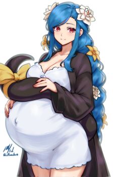 1girl artist_name big_belly black_coat blue_hair blush braid braided_ponytail breasts cleavage coat collarbone commentary covered_navel dizzy_(guilty_gear) dress english_commentary flower guilty_gear guilty_gear_strive hair_flower hair_ornament hand_on_own_stomach highres large_breasts long_hair looking_at_viewer mature_female navel pink_eyes pregnant queen_dizzy rotomdocs signature smile solo swept_bangs tail twitter_username very_long_hair white_dress