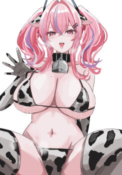 1girl absurdres alternate_costume animal_ear_hairband animal_ears animal_print azur_lane bare_shoulders bell bikini black_collar blush breasts bremerton_(azur_lane) cleavage collar collarbone commentary cow_ear_hairband cow_ears cow_print cow_print_bikini cow_print_gloves cow_print_thighhighs cowbell fake_animal_ears gloves grey_hair groin hair_between_eyes hair_intakes hair_ornament hairband highres lactation lactation_through_clothes large_breasts long_hair looking_at_viewer mole mole_on_breast mole_under_eye multicolored_hair navel neck_bell open_mouth pink_eyes pink_hair print_bikini print_gloves print_thighhighs sidelocks simple_background smile solo squatting stomach streaked_hair swimsuit theon_(te2eo) thighhighs tongue tongue_out triangle_bikini_top twintails two-tone_hair white_background