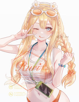 1girl bare_shoulders bikini blonde_hair blue_eyes blush bracelet braid breasts byuura_(sonofelice) closed_mouth collarbone eyewear_on_head flower goddess_of_victory:_nikke hair_flower hair_ornament jewelry lanyard large_breasts long_hair looking_at_viewer midriff navel official_alternate_costume orange_bikini reflective_eyewear see-through_clothes see-through_shirt shirt simple_background smile solo stomach sunglasses swimsuit tinted_eyewear tongue tongue_out tove_(nikke) tove_(sunblaze)_(nikke) twin_braids upper_body white-framed_eyewear white_background