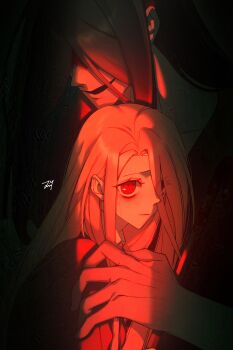 Rule 34 | 1boy, 1girl, absurdres, adashino adami, bbabbamis2, black background, blood, blood on face, highres, homicipher, long hair, looking at viewer, mr. crawling, orange hair, red eyes, ringed eyes, simple background, upper body, very long hair