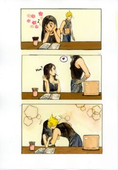 1boy 1girl bare_arms bare_shoulders black_hair blonde_hair book box cloud_strife couple elbow_rest elbows_on_table final_fantasy final_fantasy_vii final_fantasy_vii:_advent_children flower food food_in_mouth gloves hands_on_another's_face hands_on_own_face hands_on_own_hips heart hetero high_collar highres holding holding_box holding_hands hugo_artist indoors kiss long_hair mouth_hold musical_note pocky pocky_in_mouth pocky_kiss reading red_eyes sequential shared_food shirt sleeveless sleeveless_shirt spiked_hair spoken_heart square_enix swept_bangs tifa_lockhart upper_body