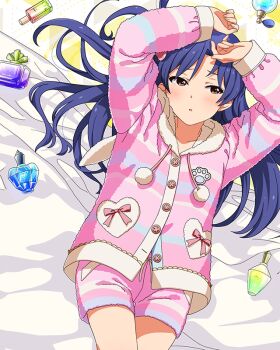 Rule 34 | 1girl, arms up, averting eyes, blue hair, brown eyes, commentary request, cowboy shot, drawstring, facing viewer, fluffy sweet (idolmaster), game cg, idolmaster, idolmaster (classic), idolmaster million live!, idolmaster million live! theater days, kisaragi chihaya, long hair, long sleeves, looking to the side, lying, official alternate costume, official art, on back, pajamas, pink pajamas, solo, third-party source