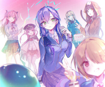 6+girls absurdres aikawa_megumi asakura_karen_(heaven_burns_red) birthday_cake cake food fork glasses green_eyes heaven_burns_red highres holding holding_fork irohatomo izumi_yuki_(heaven_burns_red) kayamori_ruka kunimi_tama multiple_girls narby_(heaven_burns_red) pink_hair toujou_tsukasa v