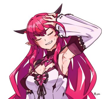 Rule 34 | 1girl, absurdres, arm up, bachunawa, black horns, breasts, cleavage, closed eyes, detached sleeves, dress, hashtag-only commentary, highres, hololive, hololive english, horns, irys (hololive), irys (irys 2.0) (hololive), large breasts, long hair, pink hair, pointy ears, red streaks, simple background, solo, sweat, very sweaty, virtual youtuber, white background, white dress