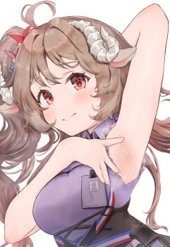 1girl absurdres animal_ears arknights arm_behind_head arm_up armpits blush brown_hair closed_mouth collared_shirt commentary_request curled_horns eyjafjalla_(arknights) fuu_hoshimi grey_horns highres horns long_hair looking_at_viewer pink_eyes presenting_armpit purple_shirt shirt simple_background sleeveless sleeveless_shirt solo spread_armpit upper_body white_background