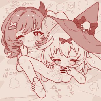 2girls bar_censor barefoot censored closed_eyes commentary_request completely_nude cunnilingus flat_chest genshin_impact hair_ornament hat klee_(genshin_impact) kodomo_doushi loli long_hair lowres monochrome multiple_girls nipples nude one_eye_closed oral prune_(genshin_impact) pussy soles spread_legs toes tongue tongue_out witch_hat yuri zeru_(wisel_army)