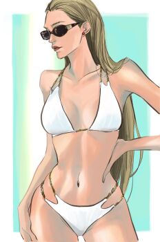 1girl alternate_costume aqua_background bare_arms bare_shoulders bikini blonde_hair blue_background border breasts closed_mouth collarbone commentary_request contrapposto cowboy_shot earrings facing_viewer female_focus groin hair_slicked_back hand_on_own_hip highres jewelry kalifa_(one_piece) lips long_hair looking_to_the_side medium_breasts midriff navel nose one_piece outside_border pearl_earrings popsweetyio red_earrings red_lips skindentation solo sphere_earrings sunglasses swimsuit white_bikini white_border