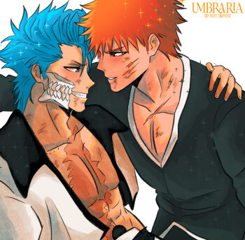 Rule 34 | 2boys, abs, arm around shoulder, artist name, bleach, blue eyes, blue hair, broken mask, brown eyes, commentary, cropped jacket, english commentary, grimmjow jaegerjaquez, grin, highres, hole in stomach, jacket, kurosaki ichigo, male focus, mask, multiple boys, no shirt, orange hair, pectoral cleavage, pectorals, scar, scar on chest, scratches, smile, sparkle, tensa zangetsu (bankai), toned, toned male, umbra (edits umbra), watermark, white jacket
