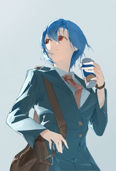 1girl absurdres aged_up ayanami_rei bag blue_hair breasts business_suit coffee collared_shirt cup disposable_coffee_cup disposable_cup formal_clothes highres looking_to_the_side looking_up medium_breasts necktie neon_genesis_evangelion red_eyes shirt short_hair shoulder_bag simple_background smilla1218 solo suit watch white_shirt wristwatch