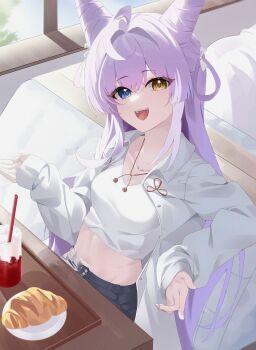 Rule 34 | 1girl, absurdres, ahoge, blue eyes, cone hair bun, croissant, crop top, cropped shirt, denim, double bun, drinking straw, food, from above, glass, hair bun, hair intakes, hair rings, hashtag-only commentary, heterochromia, highres, indoors, k cyp, long hair, long sleeves, looking at viewer, looking up, midriff, multicolored hair, navel, open clothes, open mouth, open shirt, purple hair, shirt, sidelocks, sitting, smile, solo, stellive, straight hair, streaked hair, tenko shibuki, unbuttoned, very long hair, virtual youtuber, white shirt, yellow eyes