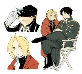 Rule 34 | 2boys, :/, :|, adjusting clothes, adjusting headwear, arm up, black coat, black hair, black hat, black shirt, braid, closed mouth, coat, collared coat, cropped shoulders, crossed legs, edward elric, eye contact, frown, fullmetal alchemist, gloves, grey pants, hat, highres, hood, hood down, lapels, looking at another, looking to the side, ls182 520, male focus, multiple boys, multiple views, pants, parted bangs, parted hair, peaked cap, red coat, roy mustang, shirt, short hair, sideways glance, single braid, sitting, sleeve cuffs, standing, sweatdrop, white background, white gloves, white trim, wing collar, yellow eyes