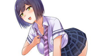 1girl :d bent_over blue_skirt blush breasts collarbone collared_shirt commentary_request cowboy_shot diagonal-striped_clothes diagonal-striped_necktie hand_up large_breasts looking_at_viewer miniskirt mole mole_under_eye multiple_moles necktie nijisanji noragami_sota open_mouth plaid_clothes plaid_skirt pleated_skirt purple_hair purple_necktie school_uniform shirt shizuka_rin shizuka_rin_(3rd_costume) short_hair short_sleeves simple_background skirt smile solo striped_clothes summer_uniform undoing_own_necktie virtual_youtuber white_background white_shirt yellow_eyes