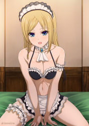 Rule 34 | 1girl, apron, bare shoulders, between legs, bikini, black bikini, blonde hair, blue eyes, blush, breasts, choker, detached collar, frilled apron, frilled bikini, frilled choker, frilled thigh strap, frills, hand between legs, hayasaka ai, inoshira, kaguya-sama wa kokurasetai ~tensai-tachi no renai zunousen~, long hair, looking at viewer, maid, maid apron, maid bikini, maid headdress, medium breasts, navel, one-piece swimsuit, solo, swimsuit, thigh strap, unconventional maid, waist apron, white apron