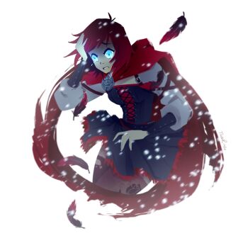 1girl alternate_eye_color aqua_eyes black_corset black_skirt cape commentary corset english_commentary eyelashes feathers glowing glowing_eyes hand_on_own_head highres long_sleeves red_cape red_hair ruby_rose rwby shirt short_hair simple_background skirt snow solo tearing_up tears tess_richards white_background white_shirt