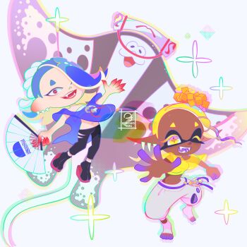 Rule 34 | 2girls, absurdres, big man (splatoon), black pants, black shoes, colored extremities, commentary, dark-skinned female, dark skin, english commentary, fangs, folding fan, frye (deep cut outfit) (splatoon), frye (splatoon), hand fan, highres, inkling, kinokorin, manta ray, multiple girls, navel, nintendo, one eye closed, open mouth, outstretched arm, pants, pointy ears, red eyes, shiver (deep cut outfit) (splatoon), shiver (splatoon), shoes, splatoon (series), splatoon 3, tentacle hair, white pants, yellow eyes