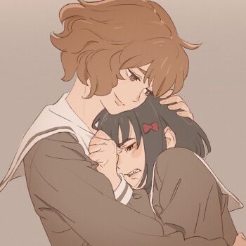 Rule 34 | 2girls, 55bata6rou, black hair, bow, brown eyes, brown hair, brown shirt, chin rest, clenched hand, closed eyes, closed mouth, comforting, crying, furrowed brow, grey background, hair bow, hand on another's head, head on head, head rest, hibike! euphonium, highres, hisaishi kanade, hug, kitauji high school uniform, long sleeves, looking at another, multiple girls, oumae kumiko, red bow, sad, sailor collar, school uniform, serafuku, shirt, short hair, simple background, smile, tears, teeth, upper body, white sailor collar