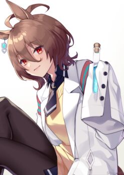 1girl agnes_tachyon_(tach-nology)_(umamusume) agnes_tachyon_(umamusume) ahoge akatsuki_(kuon) animal_ears black_necktie black_pantyhose brown_hair chemical_structure closed_mouth coat commentary_request cork earrings hair_between_eyes holding holding_test_tube horse_ears horse_girl horse_tail jewelry lab_coat long_sleeves looking_at_viewer medium_hair necktie pantyhose red_eyes shirt short_necktie simple_background single_earring sleeves_past_fingers sleeves_past_wrists smile solo sweater sweater_vest tail test_tube umamusume white_background white_coat wolf_cut yellow_sweater yellow_sweater_vest
