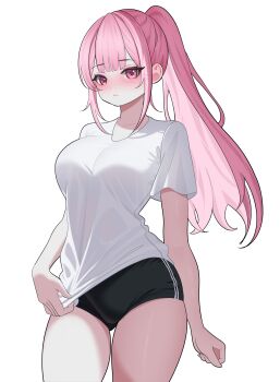 1girl absurdres artist_name black_buruma blush breasts buruma closed_mouth commentary english_commentary high_ponytail highres hololive hololive_english large_breasts layunaart long_hair looking_at_viewer mori_calliope pink_eyes pink_hair ponytail shirt shirt_tug short_sleeves simple_background solo thighs virtual_youtuber white_background white_shirt