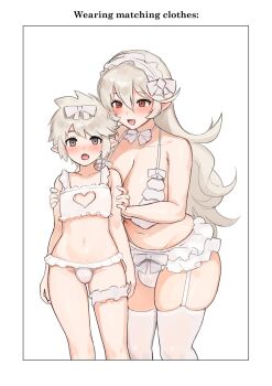 1boy 1girl absurdres bikini blush bow bowtie breasts bulge cleavage clothing_cutout crossdressing curvy eyebrows_hidden_by_hair eyelashes fang female_corrin_(fire_emblem) fire_emblem fire_emblem_fates frilled_bikini frilled_skirt frills garter_straps grey_eyes hands_on_another's_shoulders heart_cutout highres huge_breasts large_breasts long_hair looking_at_viewer male_kana_(fire_emblem) mature_female midriff mother_and_son navel nintendo norza open_mouth pointy_ears red_eyes shota skirt standing swimsuit thick_thighs thighhighs thighs trap white_background white_hair wide_hips