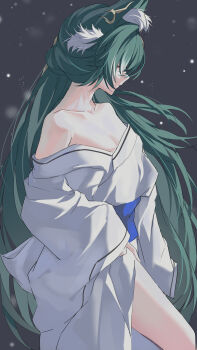 Rule 34 | 1girl, absurdres, animal ear fluff, animal ears, blue sash, closed eyes, closed mouth, evzeva, fox ears, fox girl, green hair, grey background, highres, honkai: star rail, honkai (series), japanese clothes, kimono, long hair, sash, very long hair, white kimono, yukong (honkai: star rail)