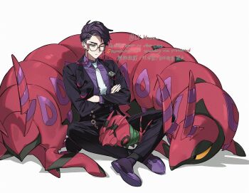 1boy antennae black-framed_eyewear black_hair black_jacket black_pants black_socks bug centipede closed_eyes closed_mouth collared_shirt colored_sclera commentary corbeau_(pokemon) crossed_arms eyewear_strap gen_5_pokemon glasses highres horns jacket kitsune_(ly_howe) long_sleeves mega_stone necktie nintendo open_clothes open_jacket pants parted_hair pokemon pokemon_(creature) pokemon_legends:_z-a purple_hair purple_shirt round_eyewear scolipede shirt shoes short_hair short_sideburns sitting socks symbol-only_commentary undercut venipede white_necktie yellow_eyes yellow_sclera