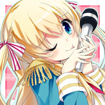 10s 1girl ;p bad_id bad_pixiv_id bekki_natsumi blonde_hair blue_eyes bow commentary_request epaulettes female_focus hair_bow looking_at_viewer microphone neo1031 no-rin one_eye_closed solo tongue tongue_out two_side_up