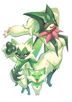 2girls absurdres animal_ears animal_hands animal_nose arm_behind_head arm_up body_fur breast_curtains breasts cat closed_eyes commentary english_commentary evolutionary_line fang floragato furry furry_female green_fur highres large_breasts looking_at_viewer meowscarada multiple_girls navel nintendo open_mouth pink_eyes pokemon pokemon_(creature) punnn0221 simple_background skin_fang small_breasts smile sprigatito standing stretching white_background