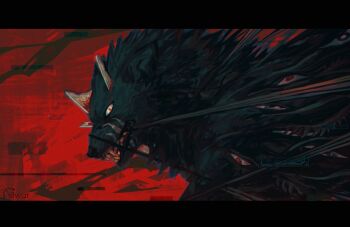 1other a.m abstract_background alternate_form animal barbed_wire black_border black_fur bleeding blood_from_forehead blood blue_eyes body_horror border extra_eyes framed glass glass_shards heterochromia i_have_no_mouth_and_i_must_scream injury machinery other_focus red_background red_eyes scar silwar teeth unmoving_pattern wire wolf