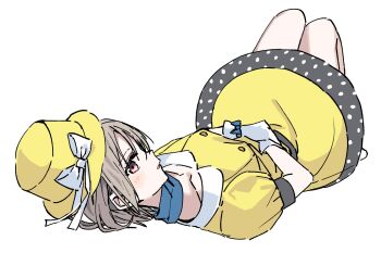 1girl blue_neckerchief breasts brown_hair buttons commentary double-breasted dress full_body gloves hat highres looking_at_viewer looking_back love_live! love_live!_nijigasaki_high_school_idol_club lying medium_breasts medium_dress nakasu_kasumi neckerchief on_back parted_lips pink_eyes polka_dot polka_dot_dress poppin'_up!_(love_live!) posushi short_hair simple_background solo symbol-only_commentary white_background white_gloves yellow_dress yellow_hat