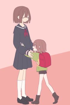 2others age_difference androgynous bad_source black_skirt brown_hair chara_(undertale) closed_eyes frisk_(undertale) green_sweater highres hug ichika_(honoka_1250) multiple_others red_eyes school_uniform size_difference skirt smile source_request sweat sweater undertale utdr_(toby_fox)