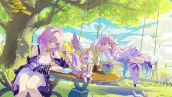 2girls absurdres alternate_breast_size_(larger) aqua_hair bare_shoulders blue_eyes blue_sky bottle breasts cleavage cloud cloudy_sky commentary_request cup cyrene_(aedes_elysiae)_(honkai:_star_rail) cyrene_(honkai:_star_rail) cyrene_(ripples_of_past_reverie)_(honkai:_star_rail) dress drinking_glass dual_persona food fruit gradient_hair grapes high_heels highres holding holding_cup holding_quill honkai:_star_rail honkai_(series) innga_hui jewelry large_breasts long_hair mem_(honkai:_star_rail) multicolored_hair multiple_girls necklace on_swing on_table outdoors pink_hair purple_eyes quill shoes short_hair sitting sky star-shaped_pupils star_(symbol) swing symbol-shaped_pupils table thighs tree two-tone_hair unworn_shoes very_long_hair white_dress white_hair wine_bottle wine_glass